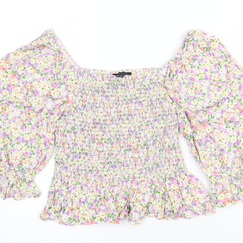 New Look Womens Multicoloured Floral Viscose Cropped T-Shirt Size 12 Square Neck