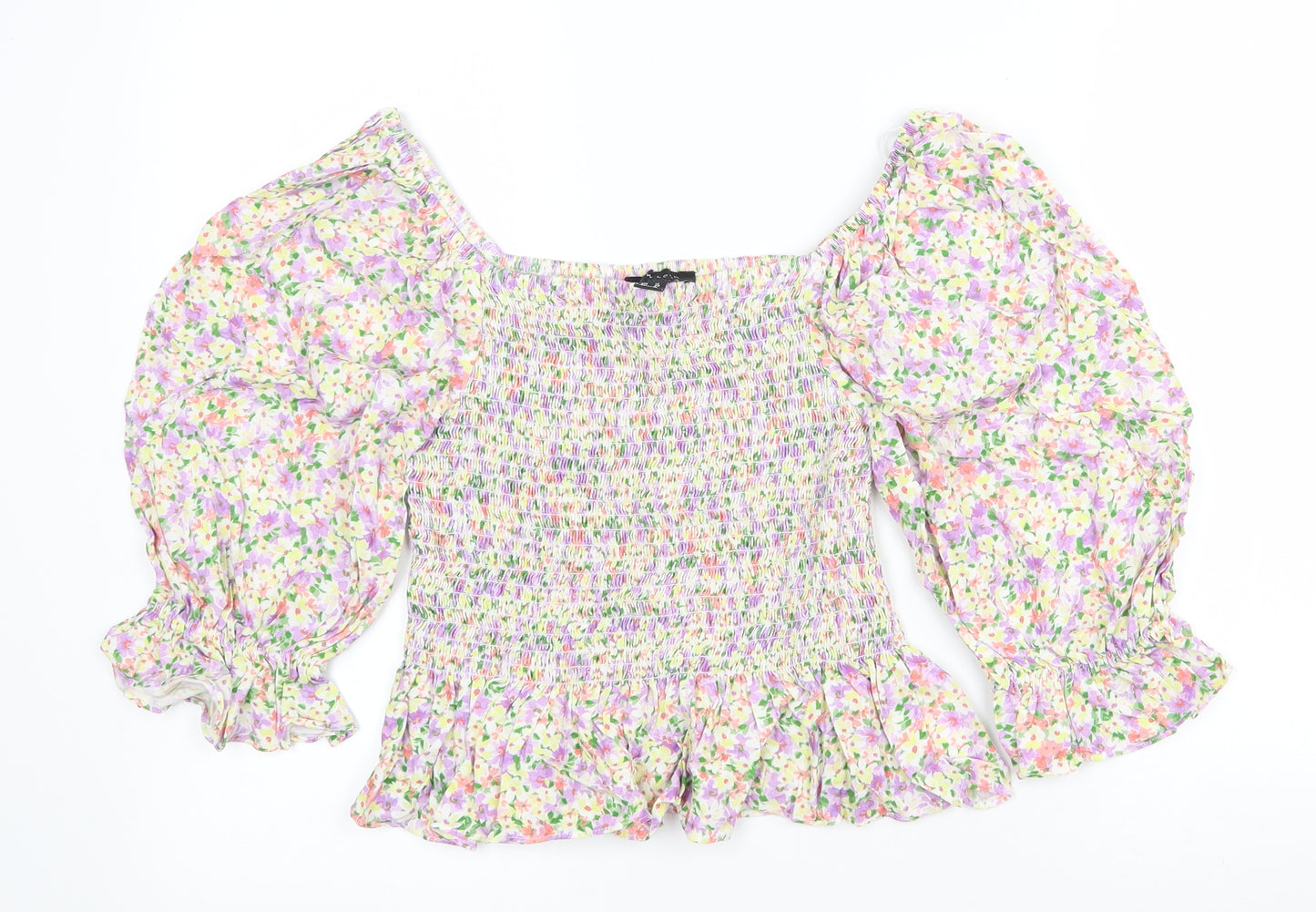 New Look Womens Multicoloured Floral Viscose Cropped T-Shirt Size 12 Square Neck