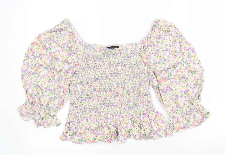 New Look Womens Multicoloured Floral Viscose Cropped T-Shirt Size 12 Square Neck