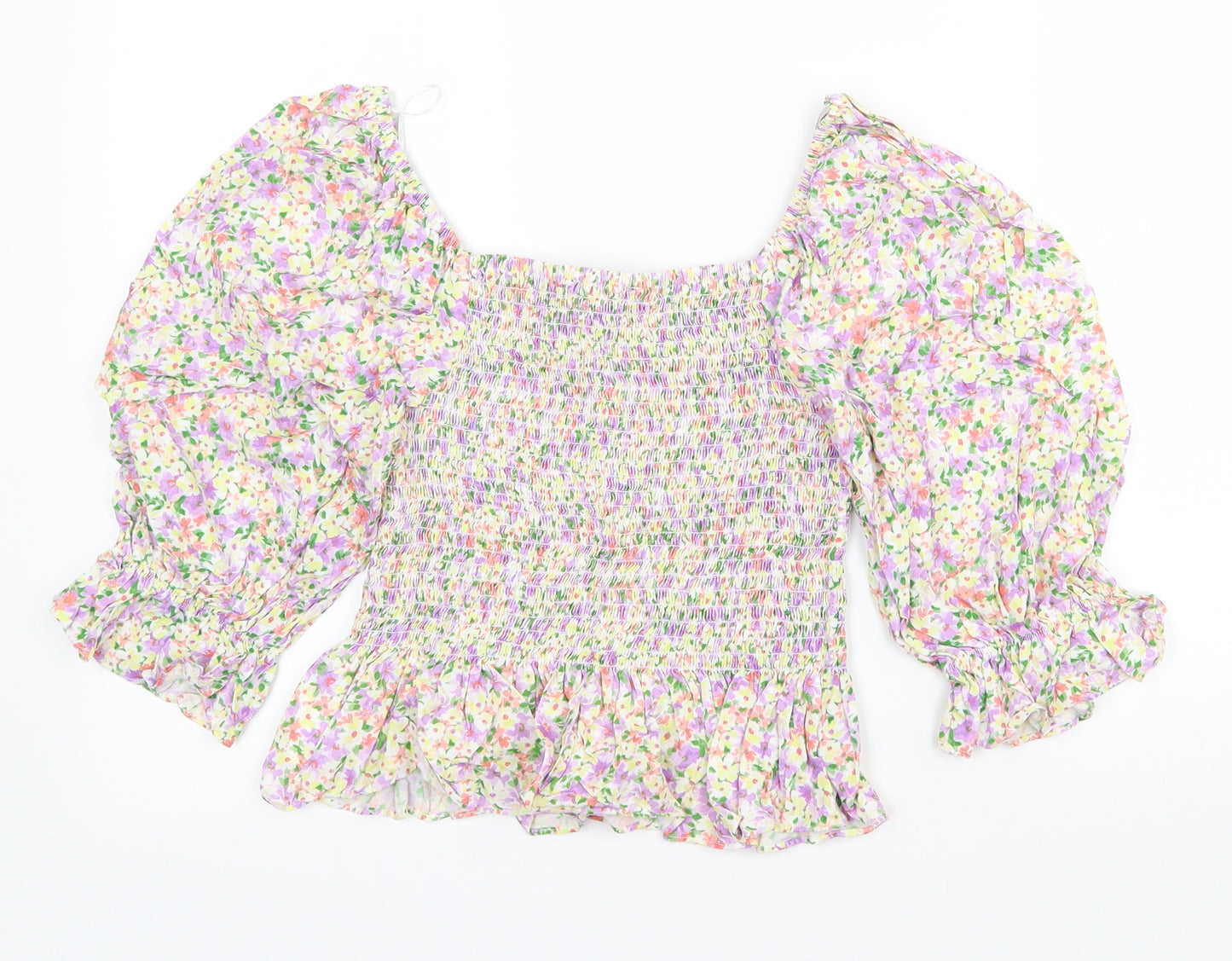 New Look Womens Multicoloured Floral Viscose Cropped T-Shirt Size 12 Square Neck