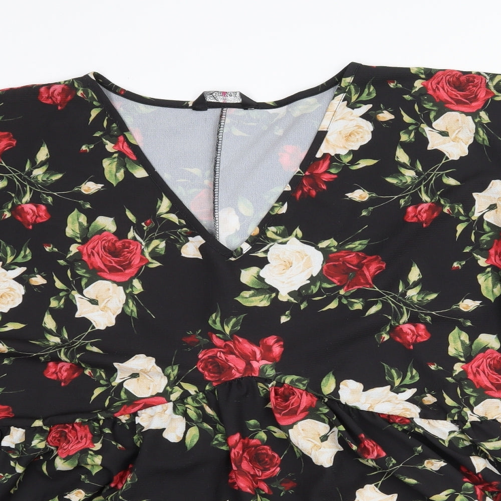 Yours Womens Black Floral Polyester Basic Blouse Size 26 V-Neck - 26-28