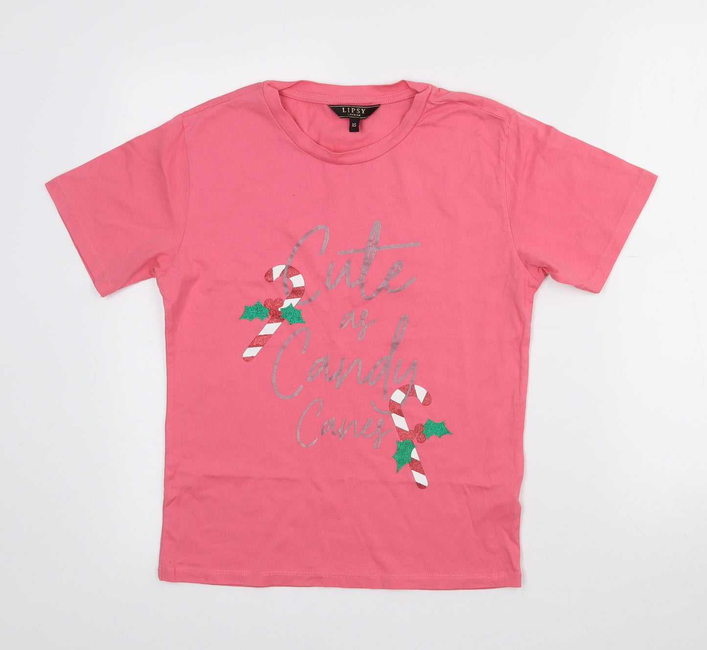 Lipsy Womens Pink  Cotton Basic T-Shirt Size XS Crew Neck - Christmas