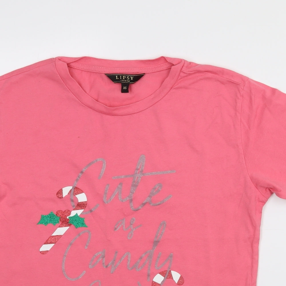 Lipsy Womens Pink  Cotton Basic T-Shirt Size XS Crew Neck - Christmas