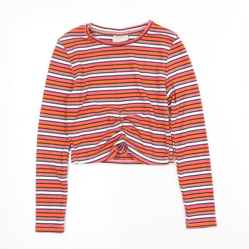 Matalan Girls Pink Striped Polyester Cropped T-Shirt Size 9 Years Crew Neck