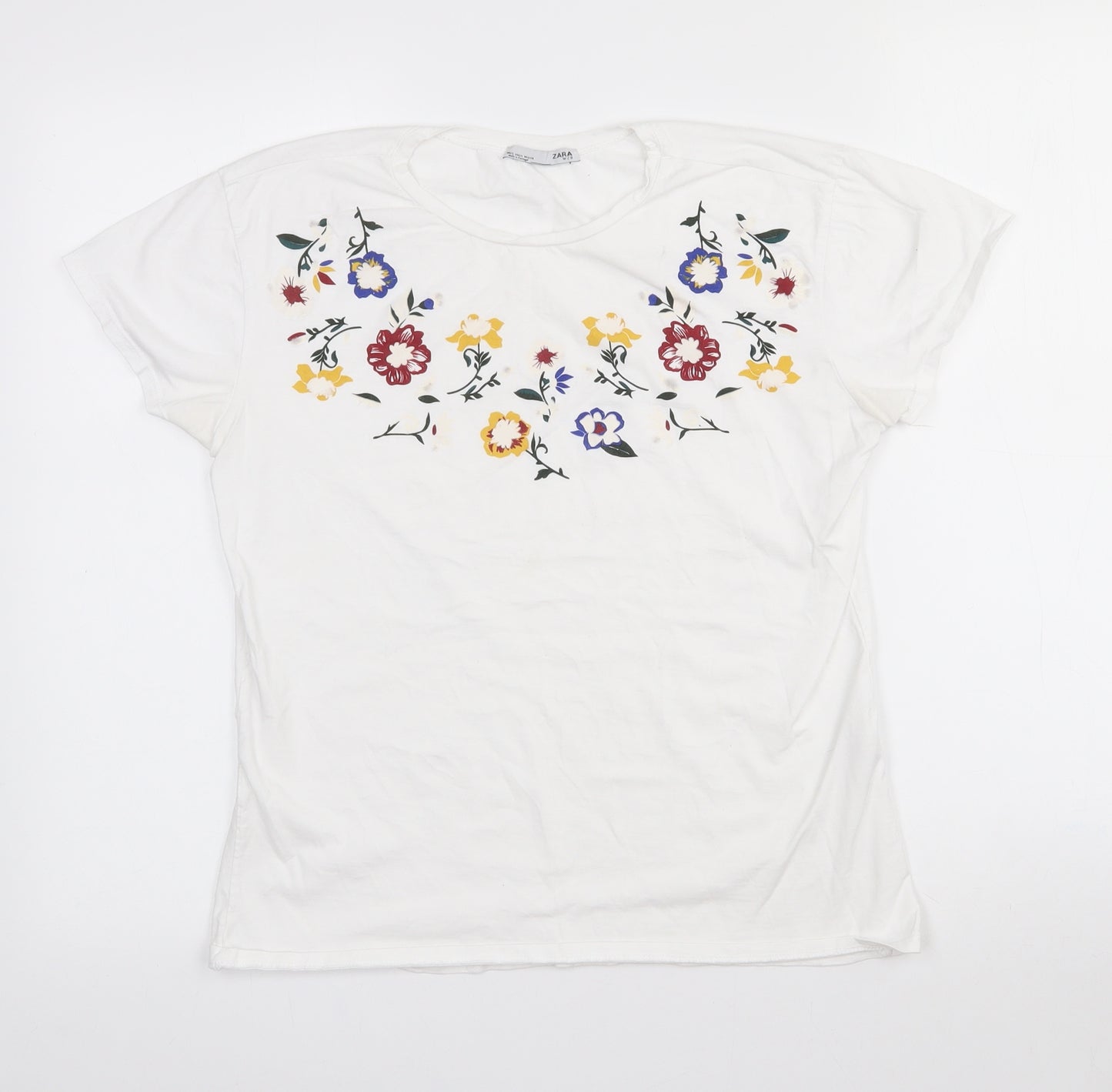 Zara Womens White Floral Cotton Basic T-Shirt Size S Crew Neck - Floral