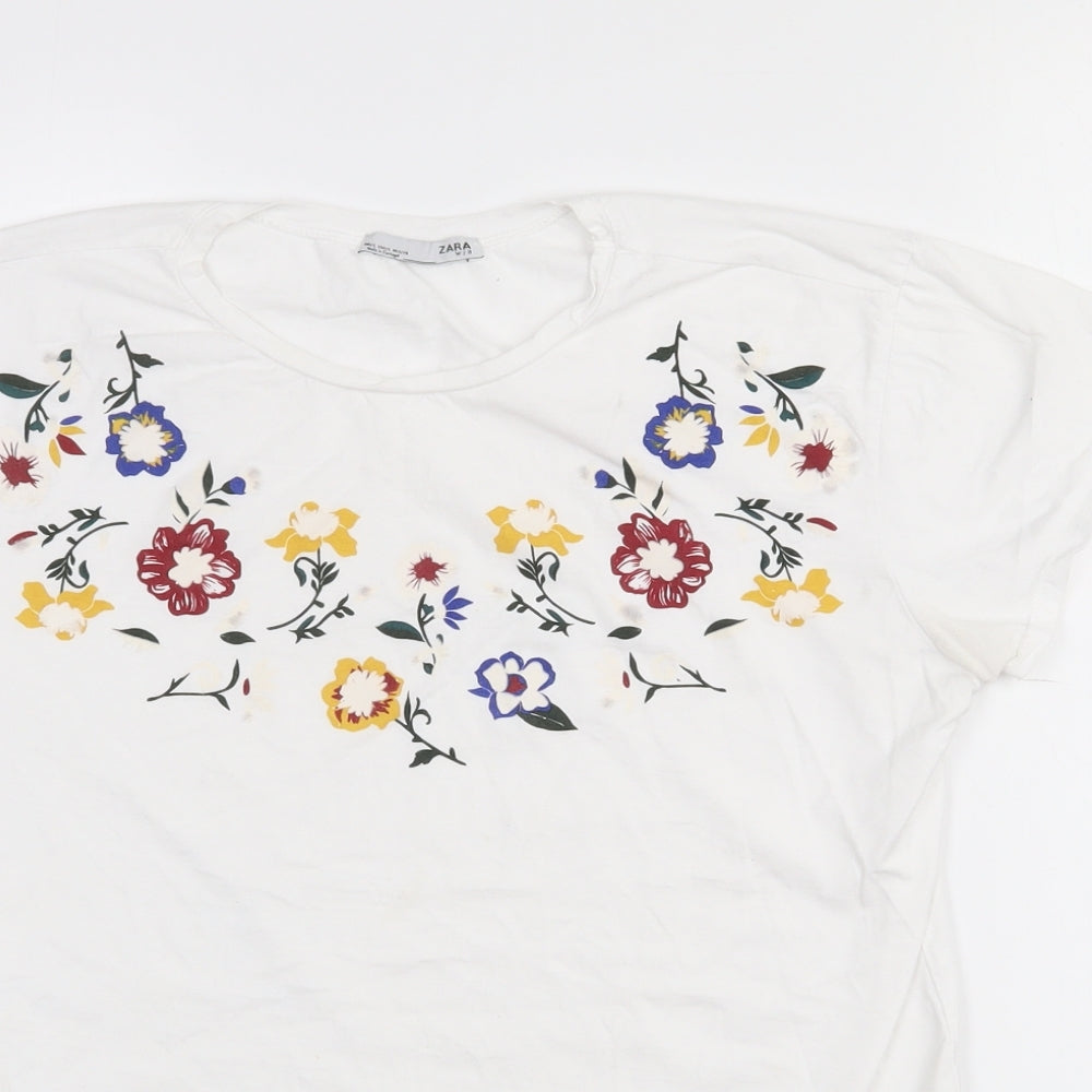 Zara Womens White Floral Cotton Basic T-Shirt Size S Crew Neck - Floral