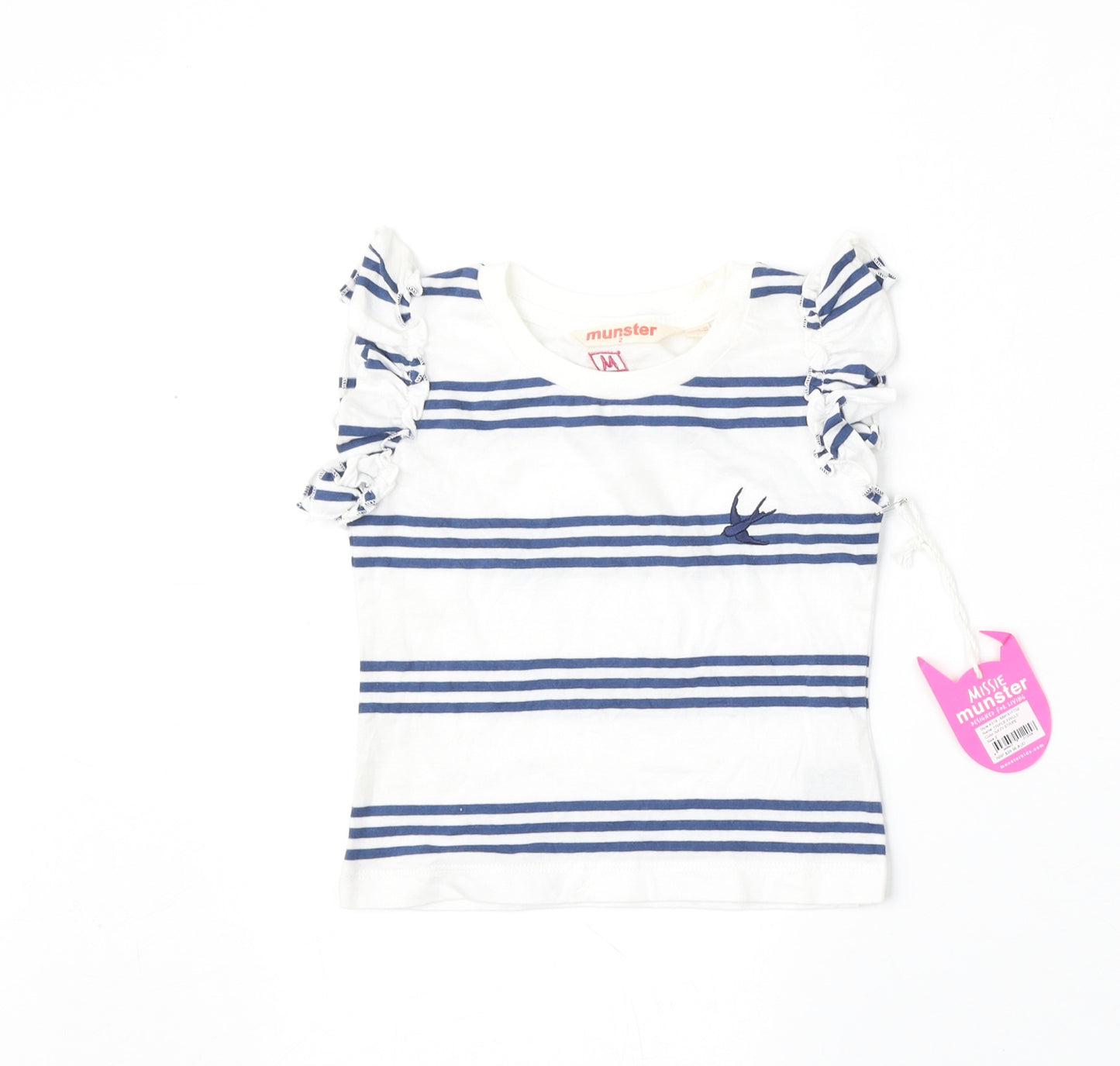 Munster Girls White Striped Cotton Basic T-Shirt Size 2 Years Round Neck