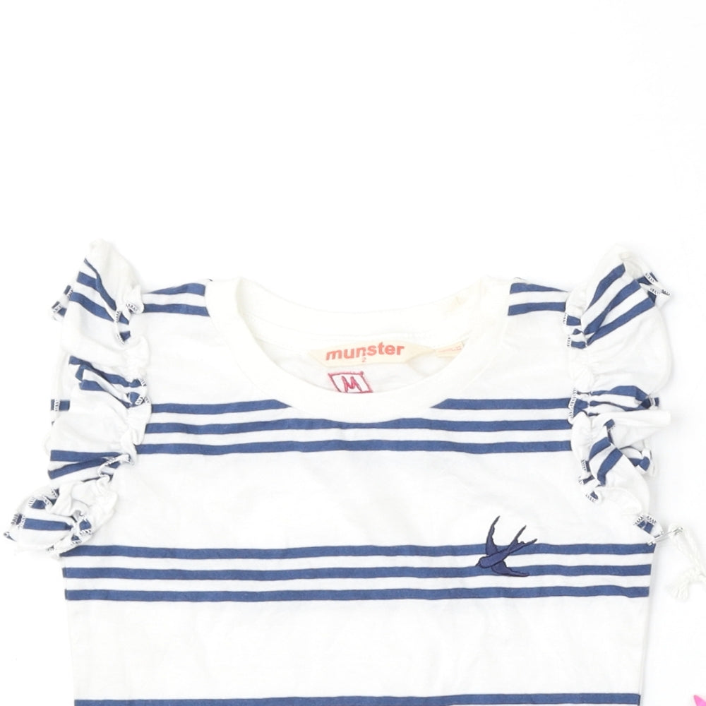 Munster Girls White Striped Cotton Basic T-Shirt Size 2 Years Round Neck