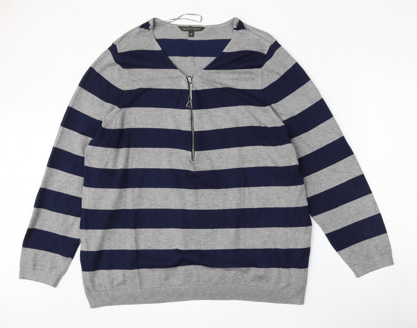 Bonmarché Womens Grey Round Neck Striped Viscose Pullover Jumper Size 20