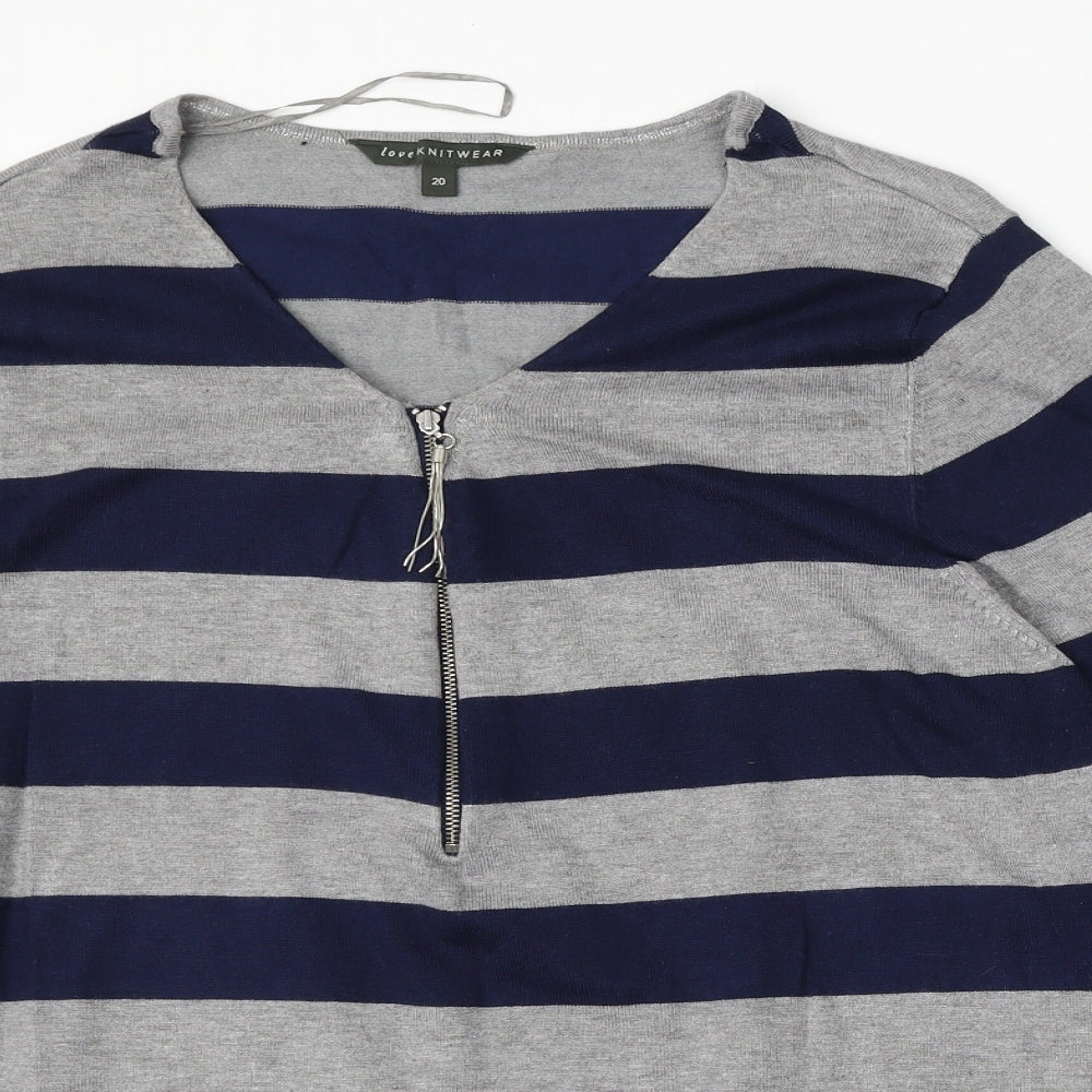 Bonmarché Womens Grey Round Neck Striped Viscose Pullover Jumper Size 20