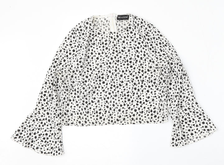 PRETTYLITTLETHING Womens White Animal Print Polyester Basic Blouse Size 6 Round Neck