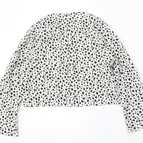 PRETTYLITTLETHING Womens White Animal Print Polyester Basic Blouse Size 6 Round Neck