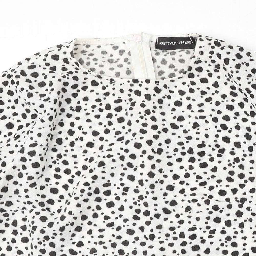 PRETTYLITTLETHING Womens White Animal Print Polyester Basic Blouse Size 6 Round Neck
