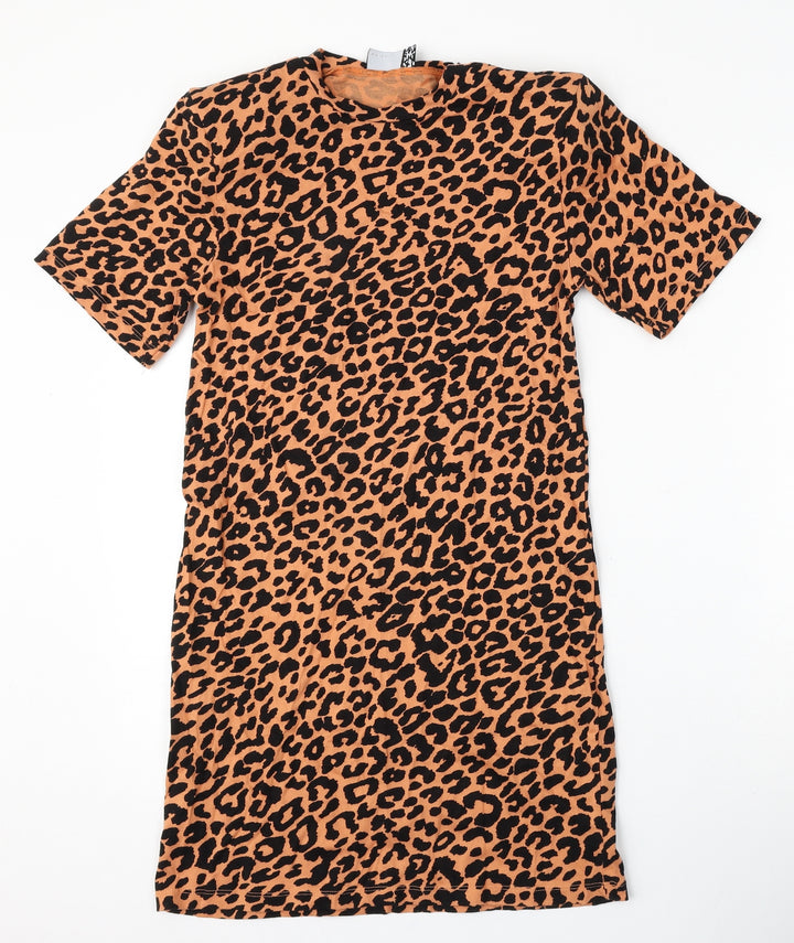 ASOS Womens Orange Animal Print Cotton T-Shirt Dress Size 6 Round Neck