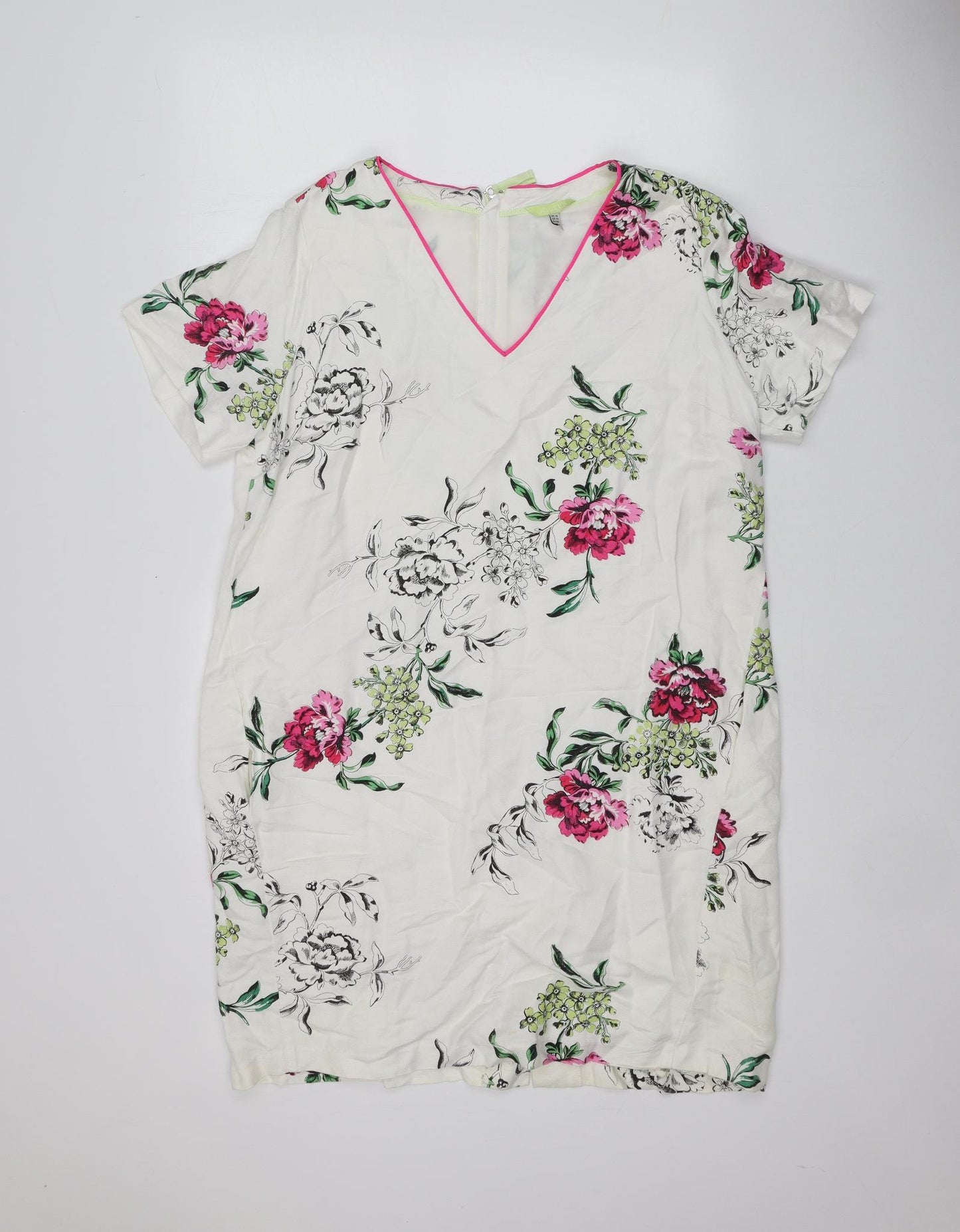 Joules Womens White Floral Flax Shirt Dress  Size 16  V-Neck