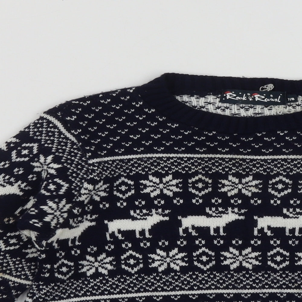 Rock & Revival Boys Blue Round Neck  Acrylic Pullover Jumper Size 7-8 Years   - Christmas Reindeer