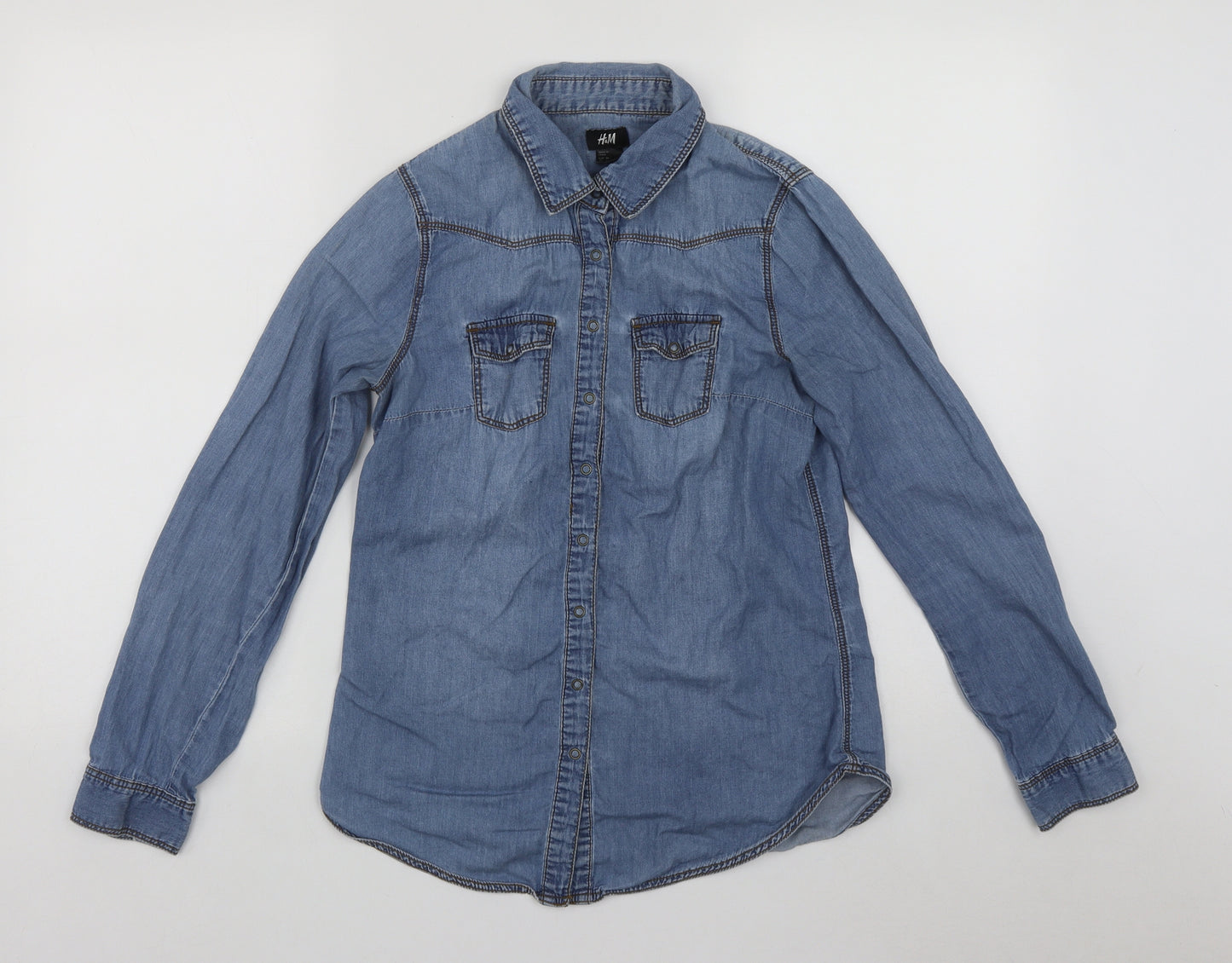 H&M Womens Blue  Cotton Basic Button-Up Size 6 Collared