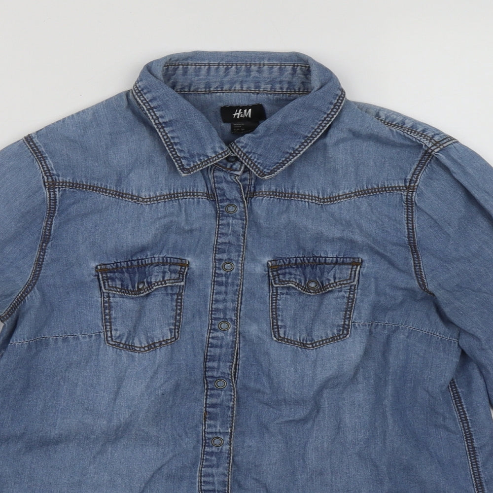 H&M Womens Blue  Cotton Basic Button-Up Size 6 Collared