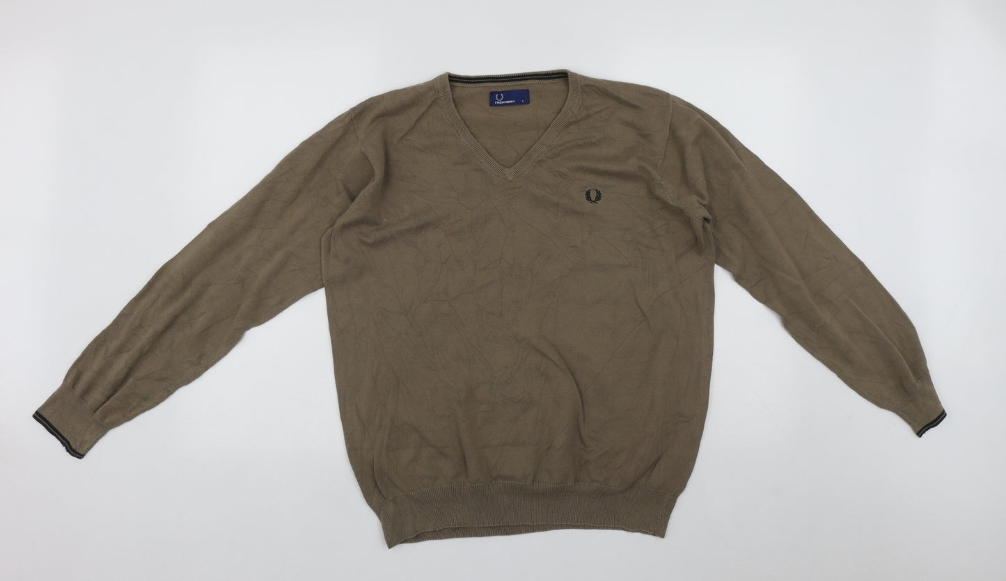 Fred Perry Mens Brown V-Neck  Cotton Pullover Jumper Size L