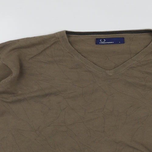 Fred Perry Mens Brown V-Neck  Cotton Pullover Jumper Size L