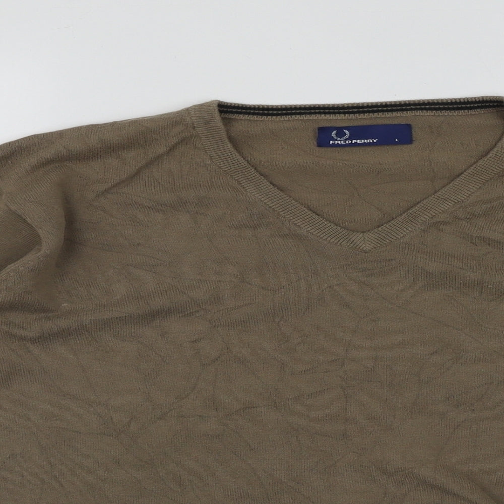 Fred Perry Mens Brown V-Neck  Cotton Pullover Jumper Size L
