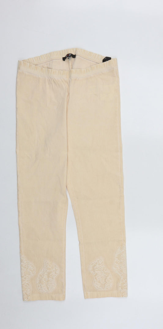 Front view of Yest women’s pink geometric viscose cropped trousers, size UK 12, 22-inch leg regular