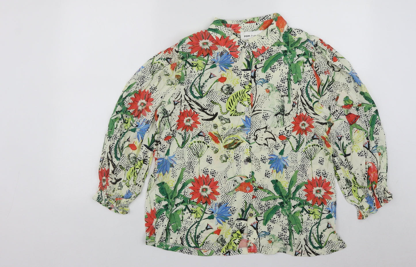 POM  Womens Multicoloured Geometric Viscose Basic Button-Up Size L Collared