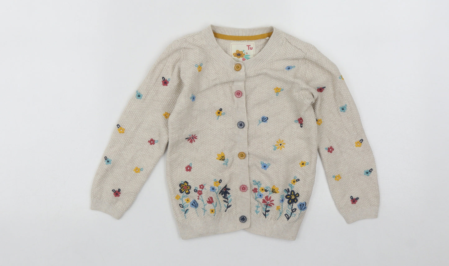 TU Girls Beige Round Neck Floral Cotton Cardigan Jumper Size 2-3 Years  Button