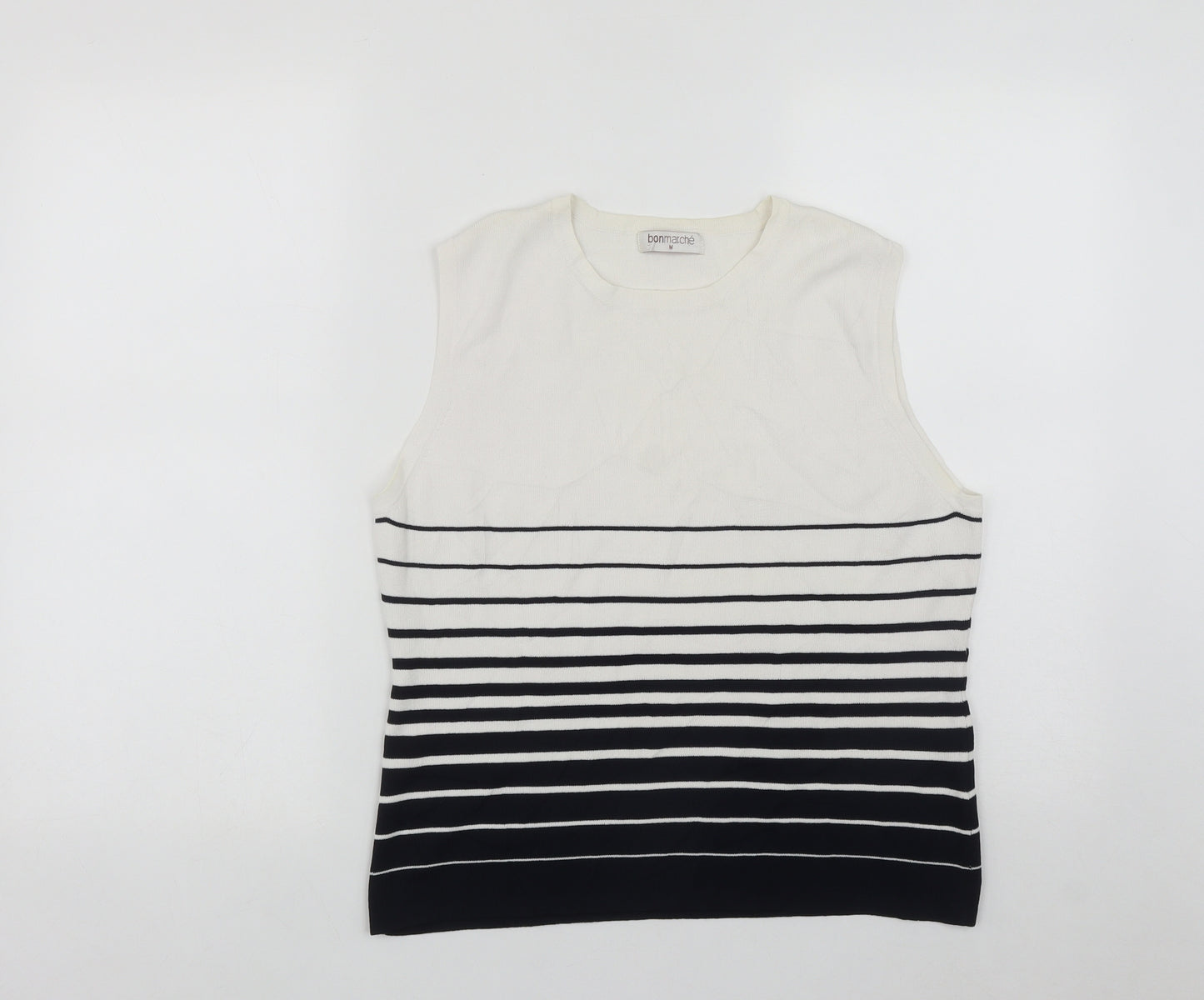 Bonmarché Womens White Striped Viscose Basic Tank Size M Round Neck