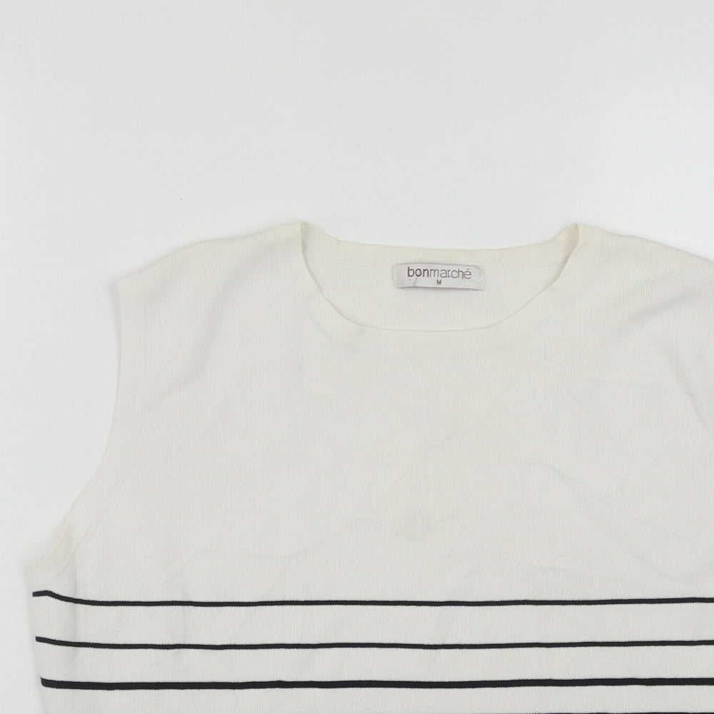 Bonmarché Womens White Striped Viscose Basic Tank Size M Round Neck
