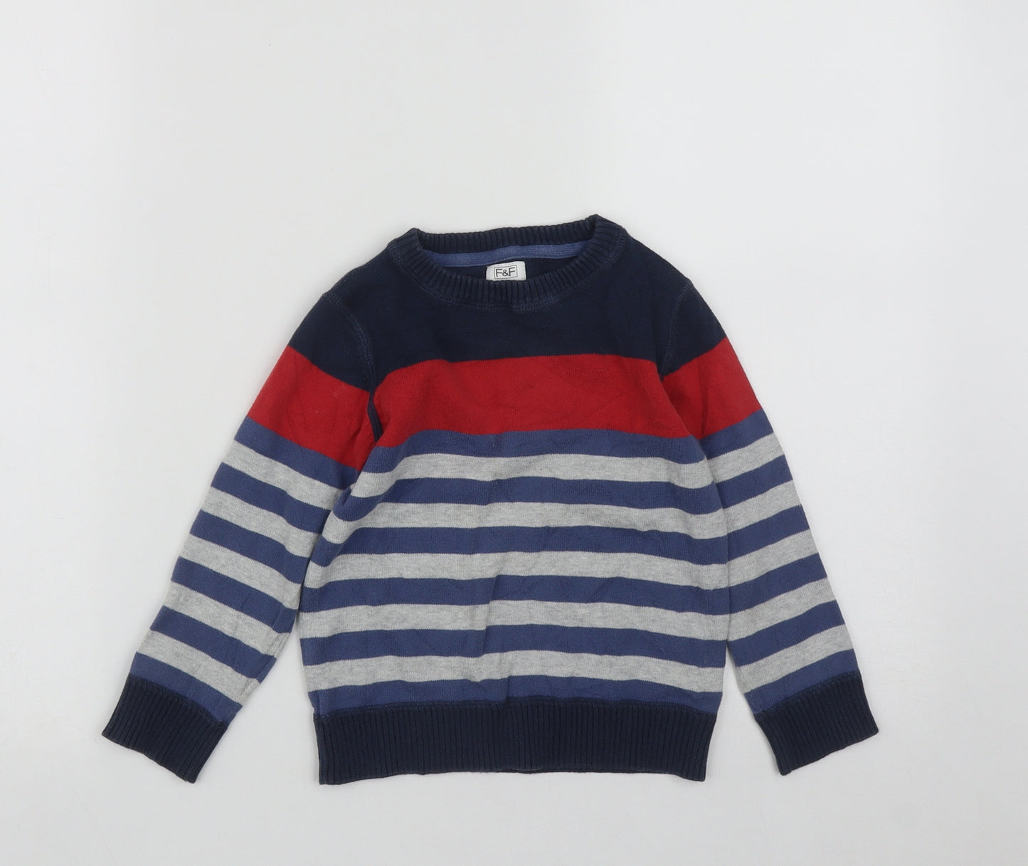 F&F Boys Multicoloured Round Neck Striped Cotton Pullover Jumper Size 4-5 Years