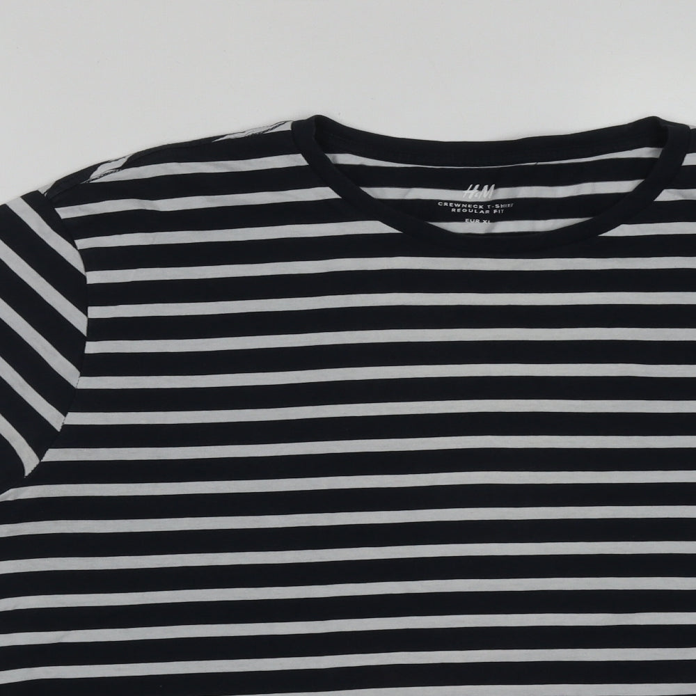 H&M  Womens Blue Striped Cotton Basic T-Shirt Size XL Round Neck