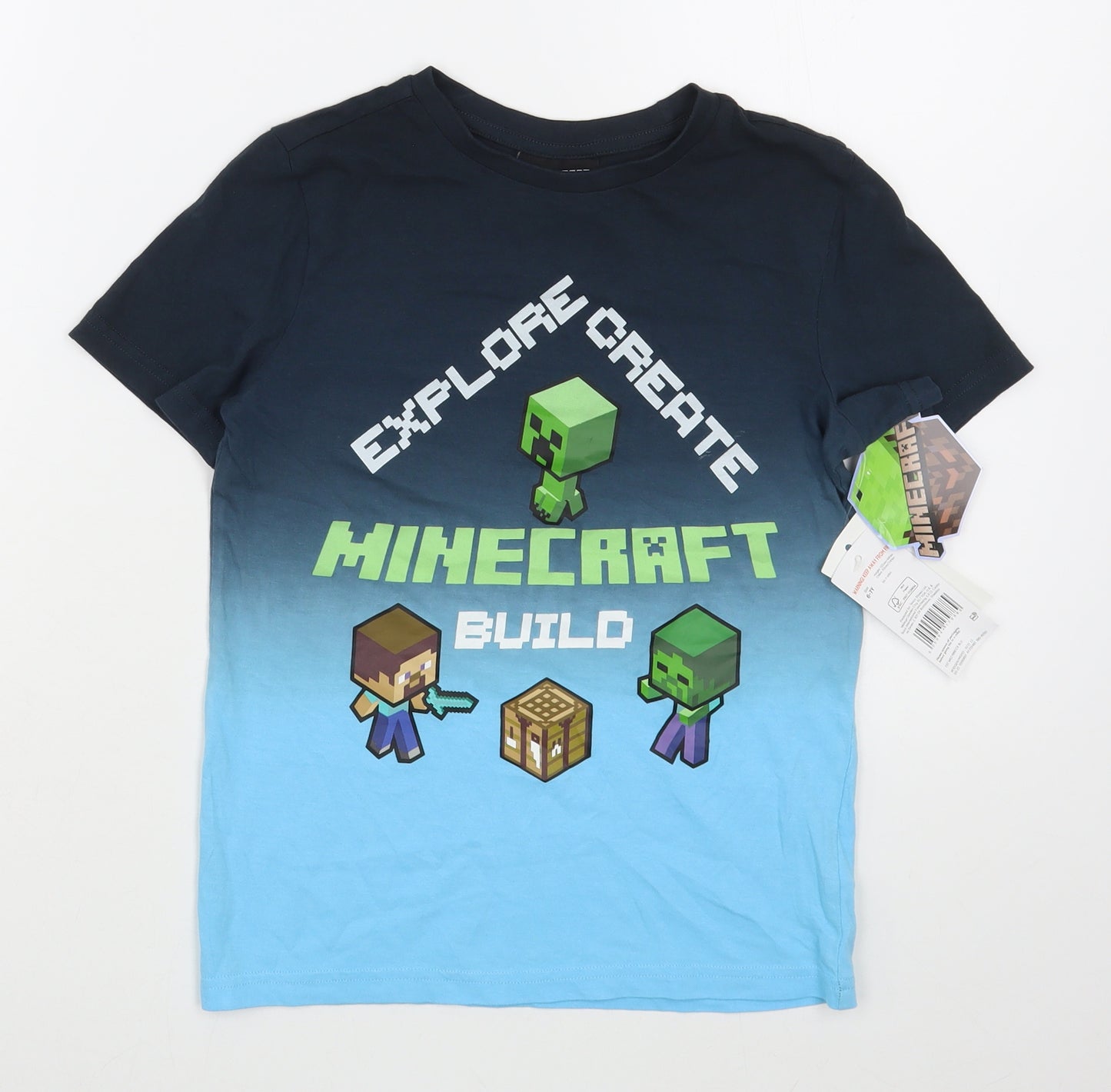 F&F Boys Multicoloured  Cotton Basic T-Shirt Size 6-7 Years Round Neck Pullover - Minecraft