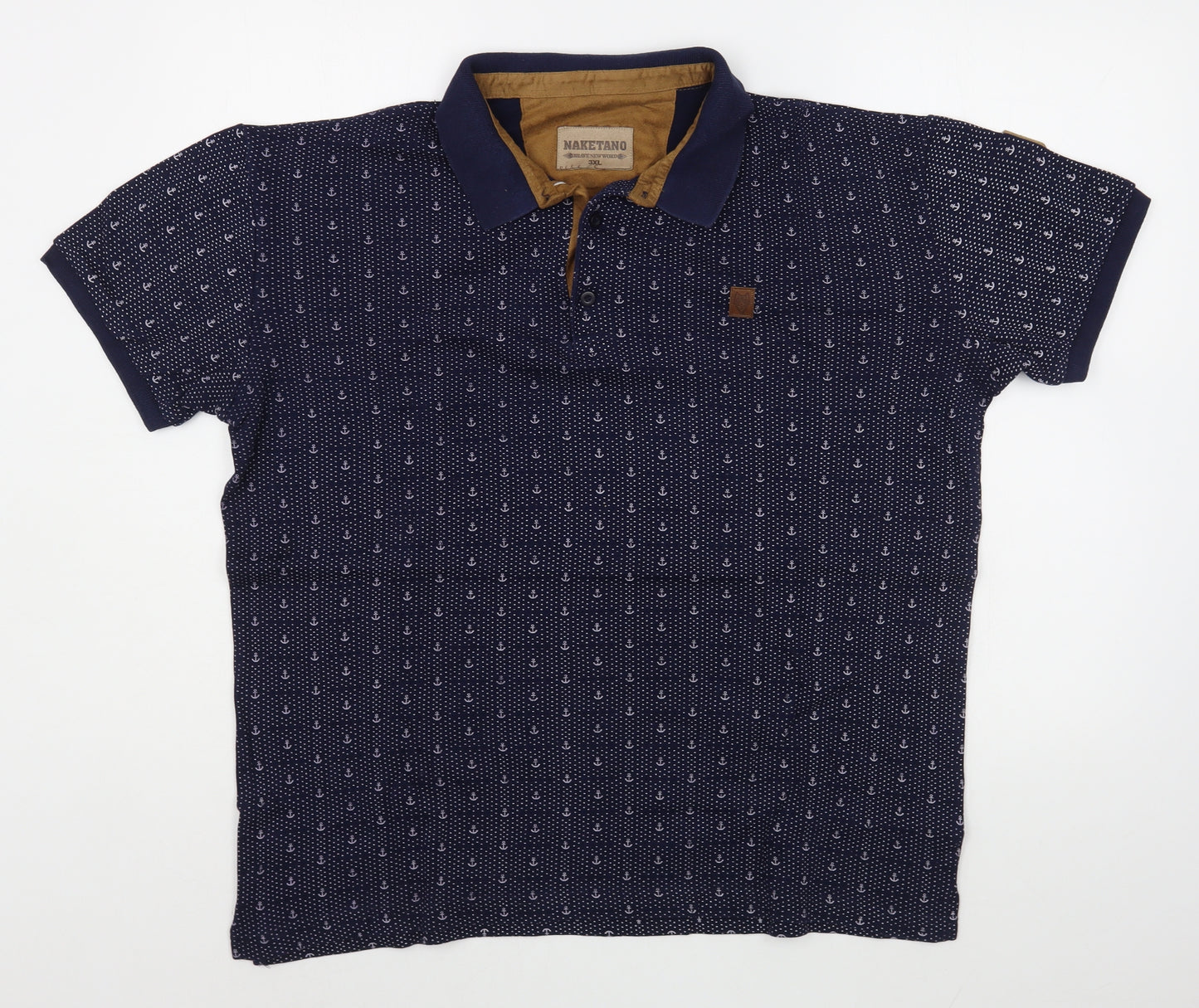 Naketano Mens Blue Geometric Cotton  Polo Size 3XL Collared Pullover