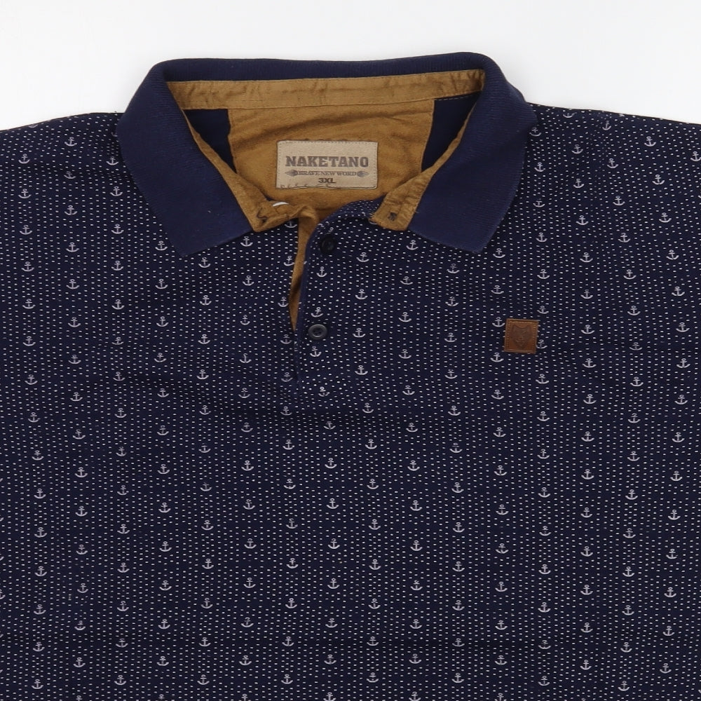 Naketano Mens Blue Geometric Cotton  Polo Size 3XL Collared Pullover