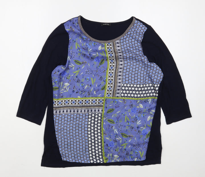 Bianca Womens Blue Floral Polyester Basic Blouse Size 12 Boat Neck