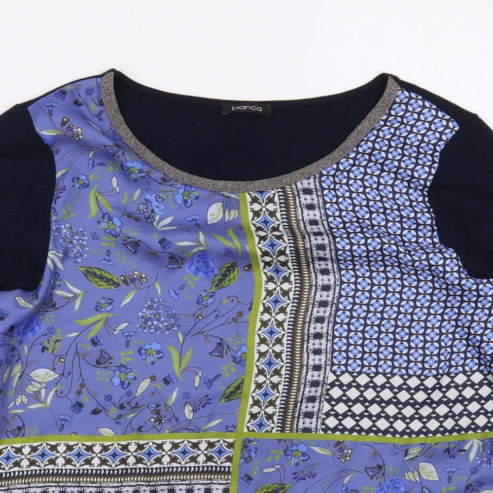 Bianca Womens Blue Floral Polyester Basic Blouse Size 12 Boat Neck