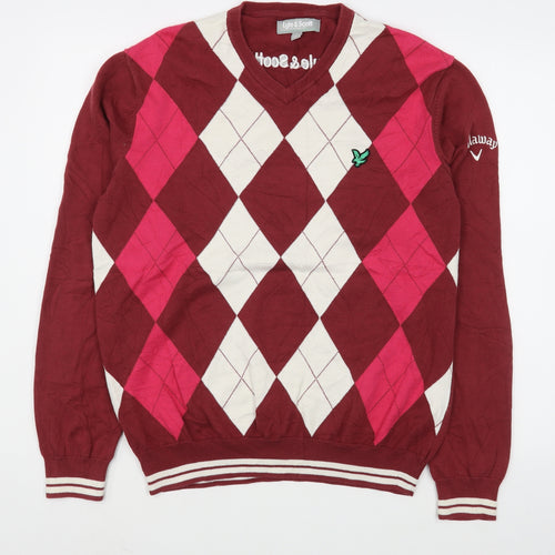 Lyle & Scott Mens Red V-Neck Argyle/Diamond Cotton Pullover Jumper Size L