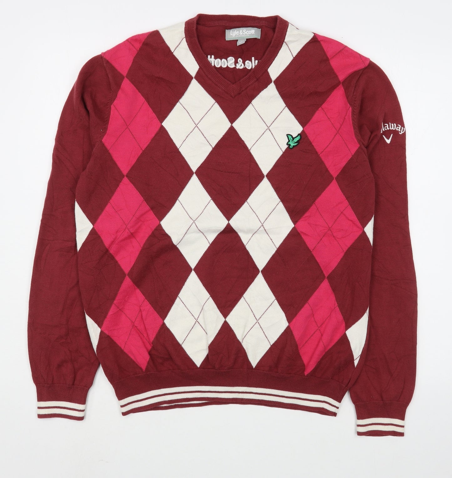 Lyle & Scott Mens Red V-Neck Argyle/Diamond Cotton Pullover Jumper Size L