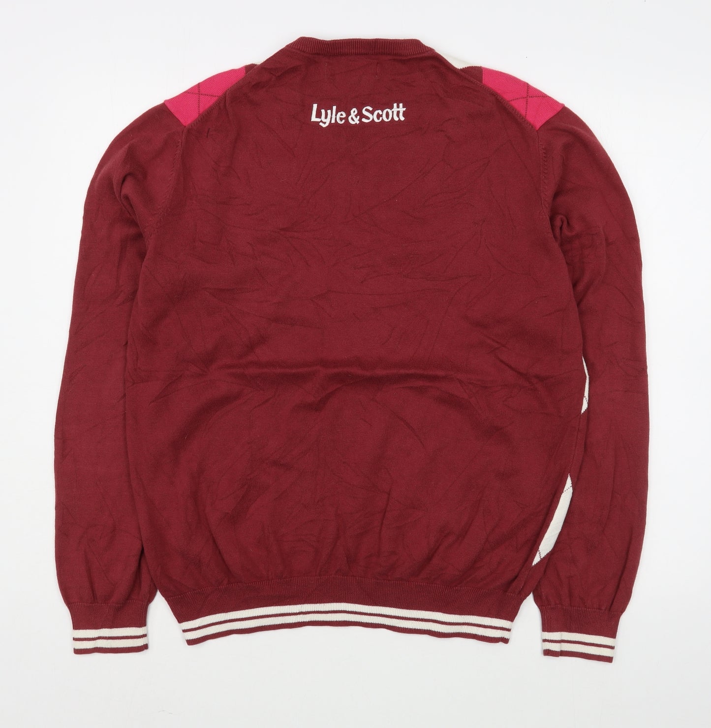 Lyle & Scott Mens Red V-Neck Argyle/Diamond Cotton Pullover Jumper Size L