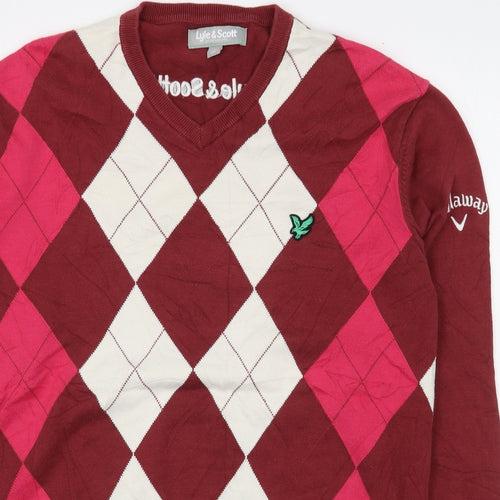 Lyle & Scott Mens Red V-Neck Argyle/Diamond Cotton Pullover Jumper Size L