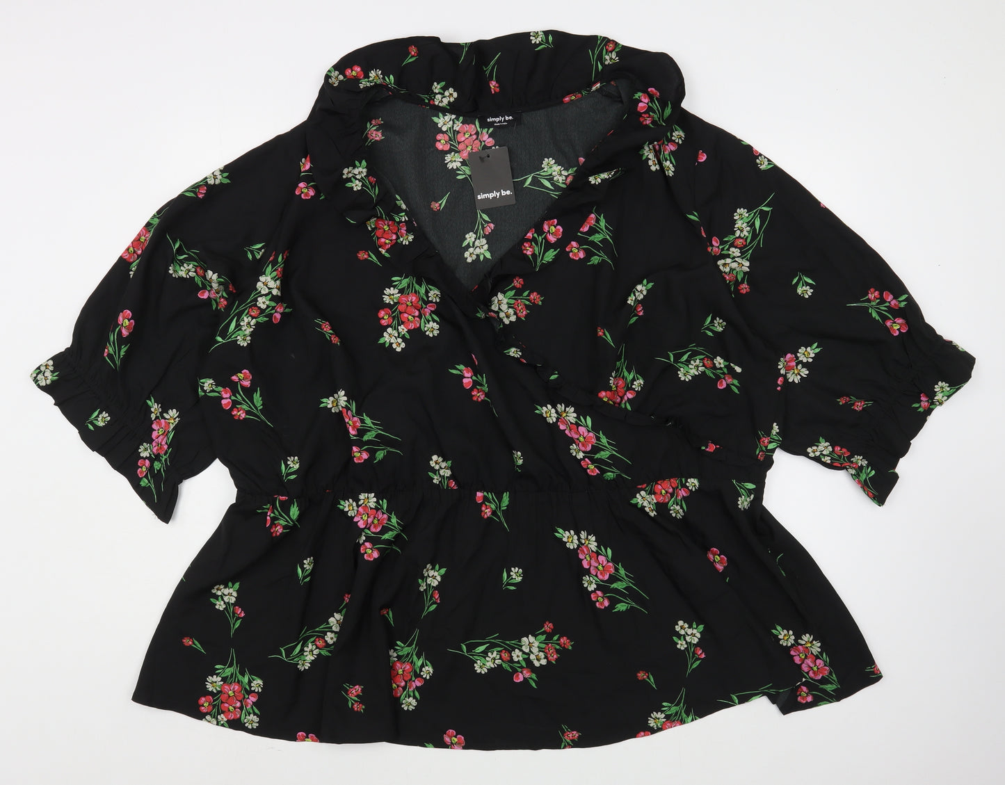 Simply Be Womens Black Floral Polyester Wrap Dress  Size 8  V-Neck Pullover