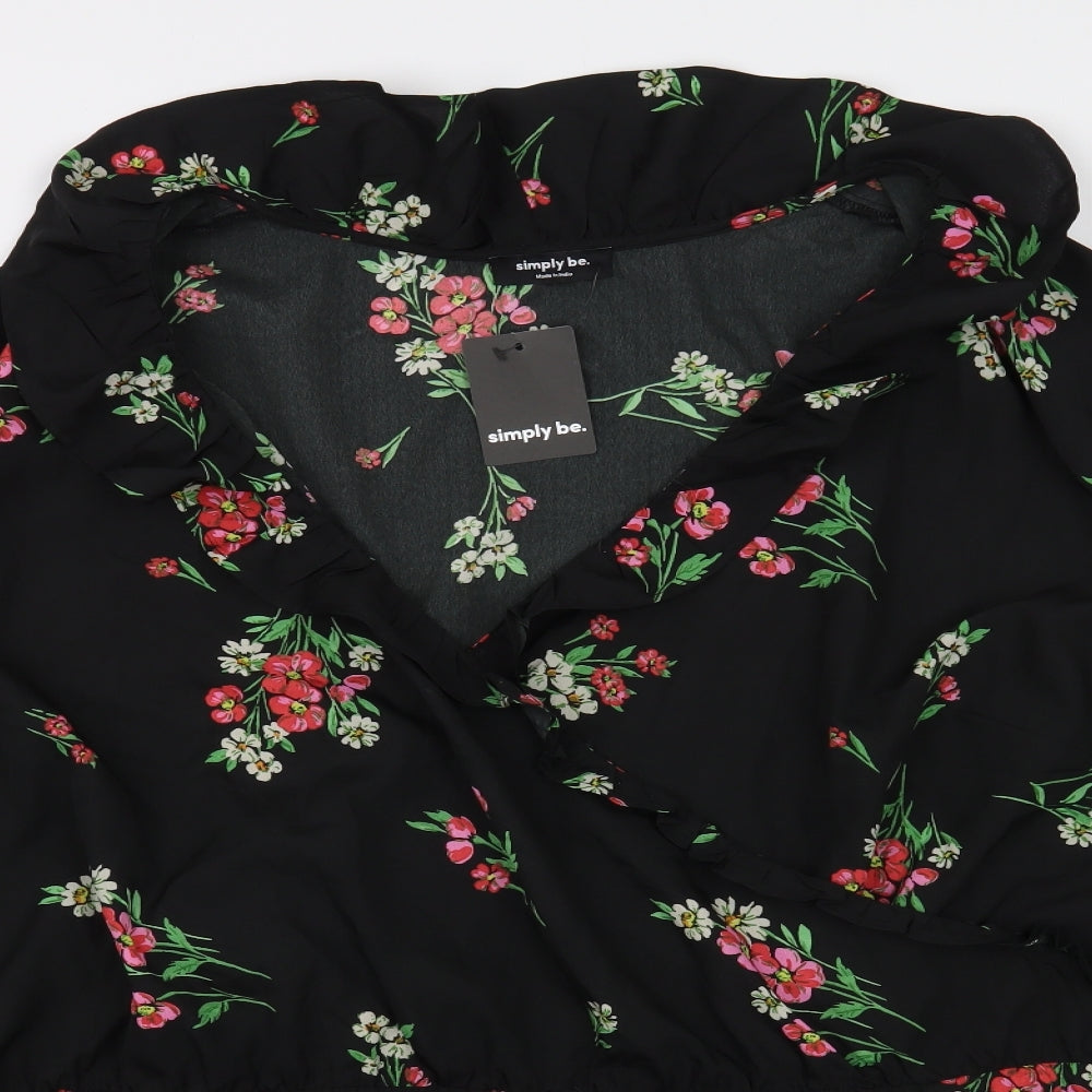 Simply Be Womens Black Floral Polyester Wrap Dress  Size 8  V-Neck Pullover