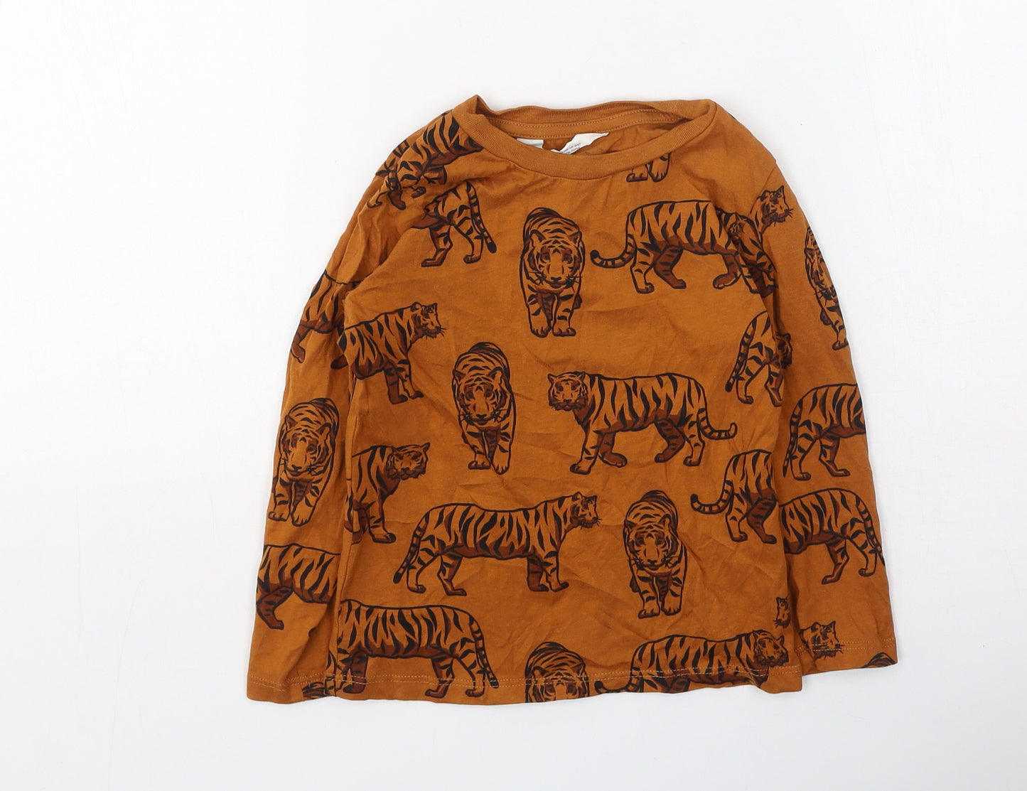 H&M Boys Brown  Cotton Basic Casual Size 2-3 Years Round Neck  - tigers