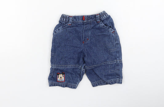 Front view of Preworn boys’ blue cotton cropped jeans, size 0-3, months - mickey mouse