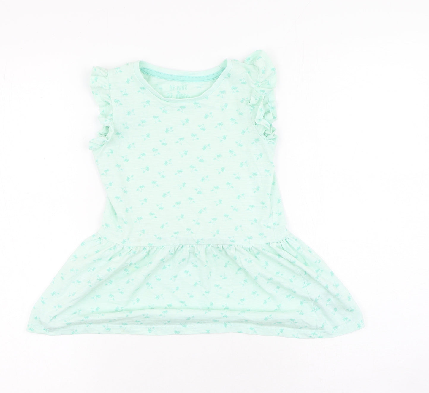 Preworn  Girls Green  Cotton Basic Casual Size 3-4 Years Round Neck