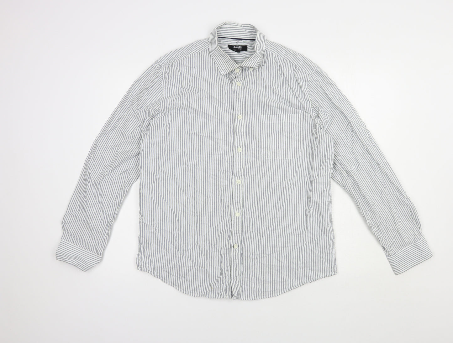 Dunnes Stores Mens White Striped Cotton  Button-Up Size L Collared Button
