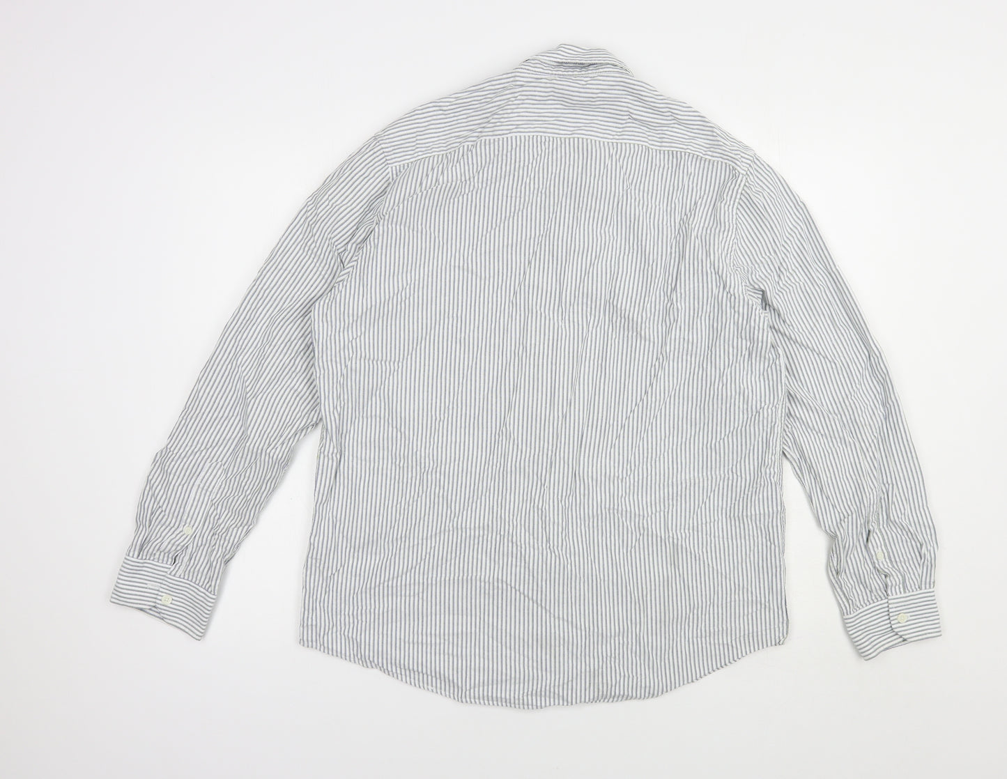 Dunnes Stores Mens White Striped Cotton  Button-Up Size L Collared Button