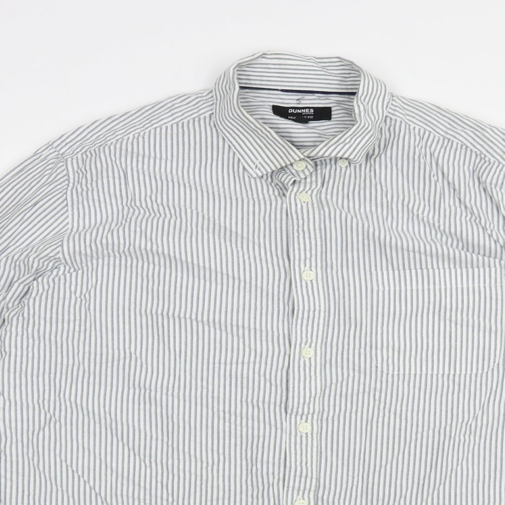 Dunnes Stores Mens White Striped Cotton  Button-Up Size L Collared Button