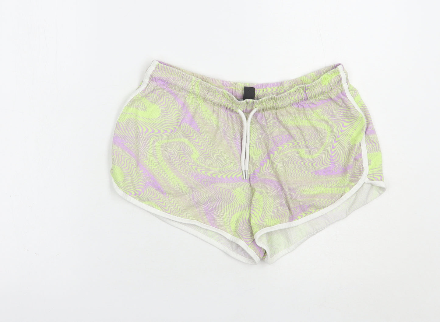 Primark Womens Green Geometric Cotton Sweat Shorts Size 10 L3 in Regular Drawstring
